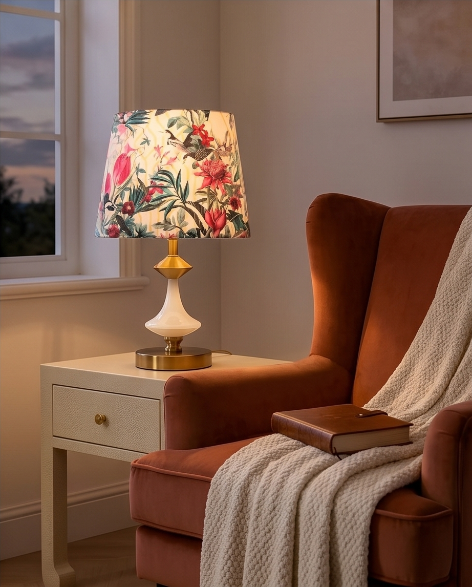 Lampă de Masă "Gradina Colorata" – Design Floral cu Accente Aurii