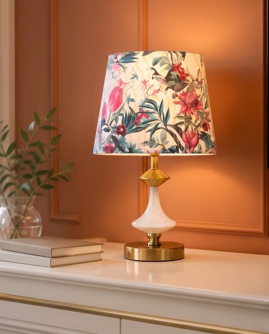 Lampă de Masă "Gradina Colorata" – Design Floral cu Accente Aurii