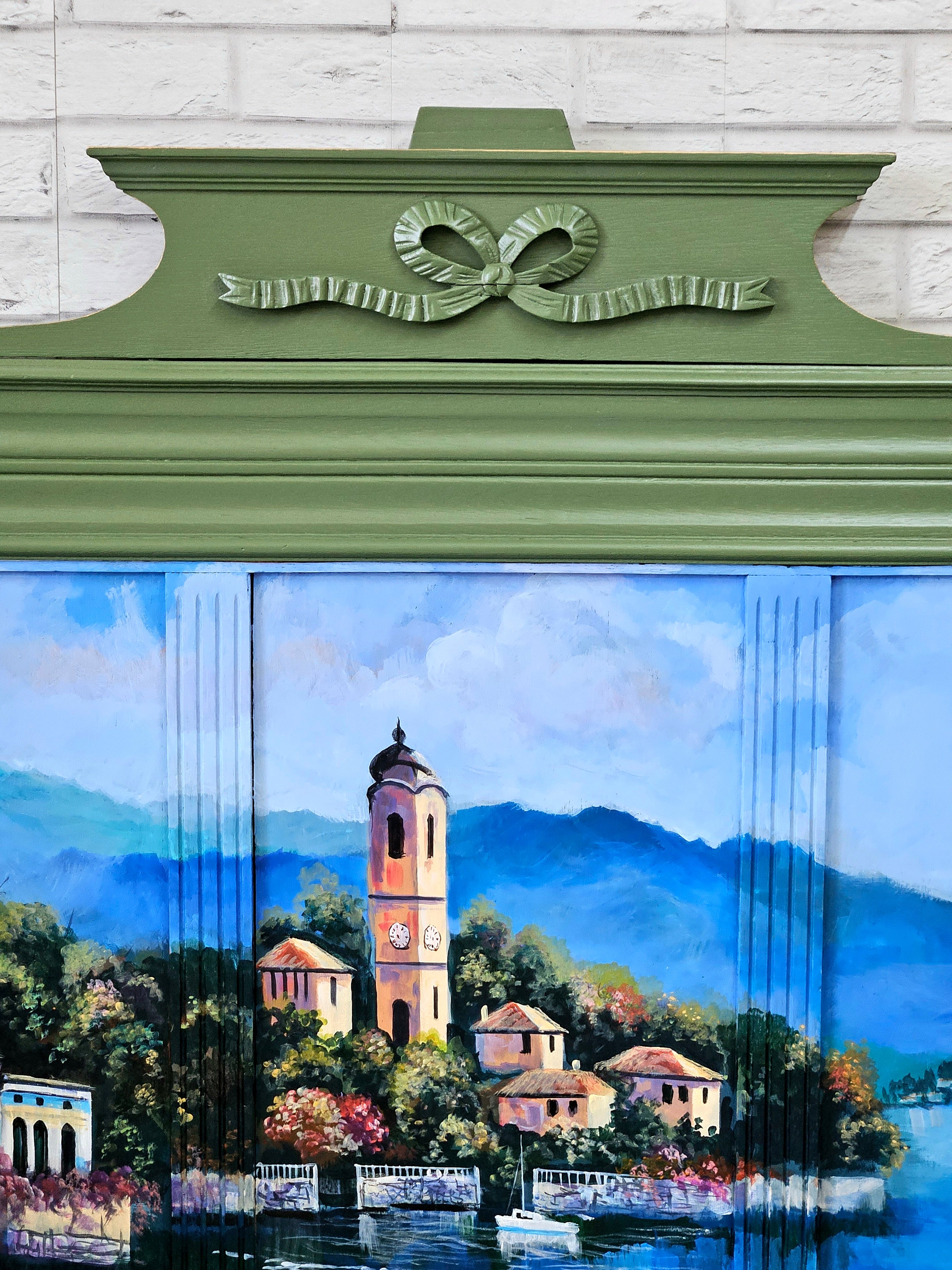 Bancă verde vintage din lemn masiv cu spătar pictat manual, mobilier artistic