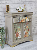 Comodă vintage cu sertar, decorată cu motive florale prin transfer special
